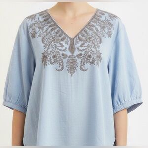 Blue Boho Embroidered Balloon Sleeve V-Neck Top 100% Cotton sz L